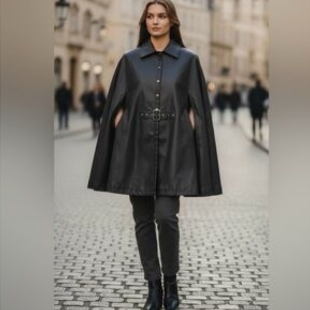 Jason Wu Elegant Black Faux Leather Cape with Belt